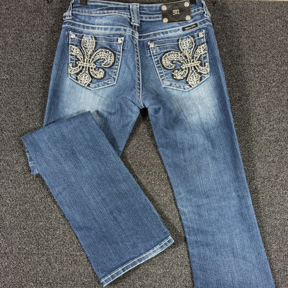 Miss Me JP6126B Bootcut Jean 29 Fleur De Lis Embroidered Studded Medium Wash Y2K